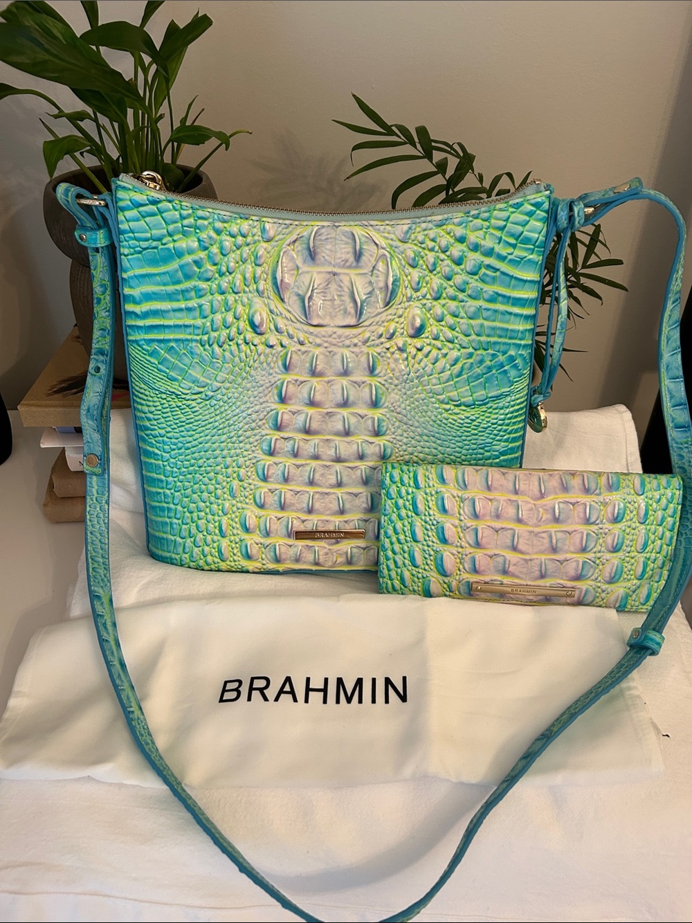 Brahmin Cotton Candy Melbourne Iridescent Croc Embossed Crossbody with AbyWallet